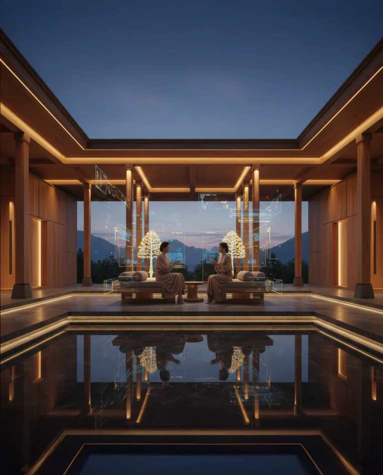 Suasana pendopo modern yang tenang sebagai metafora ewuh pakewuh dalam relasi dan kerja