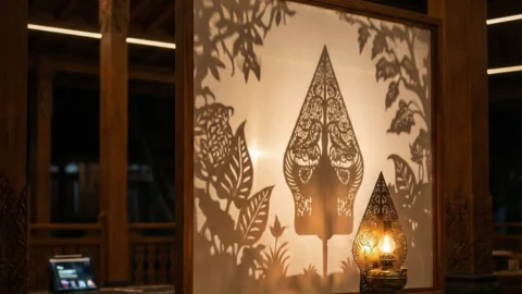 Visualisasi makna gunungan wayang kulit sebagai simbol kosmos, siluet halus di pendopo.