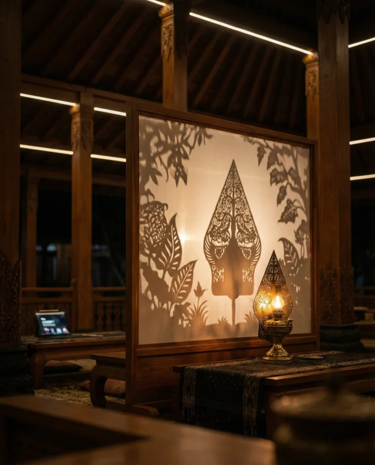 Visualisasi makna gunungan wayang kulit sebagai simbol kosmos, siluet halus di pendopo.