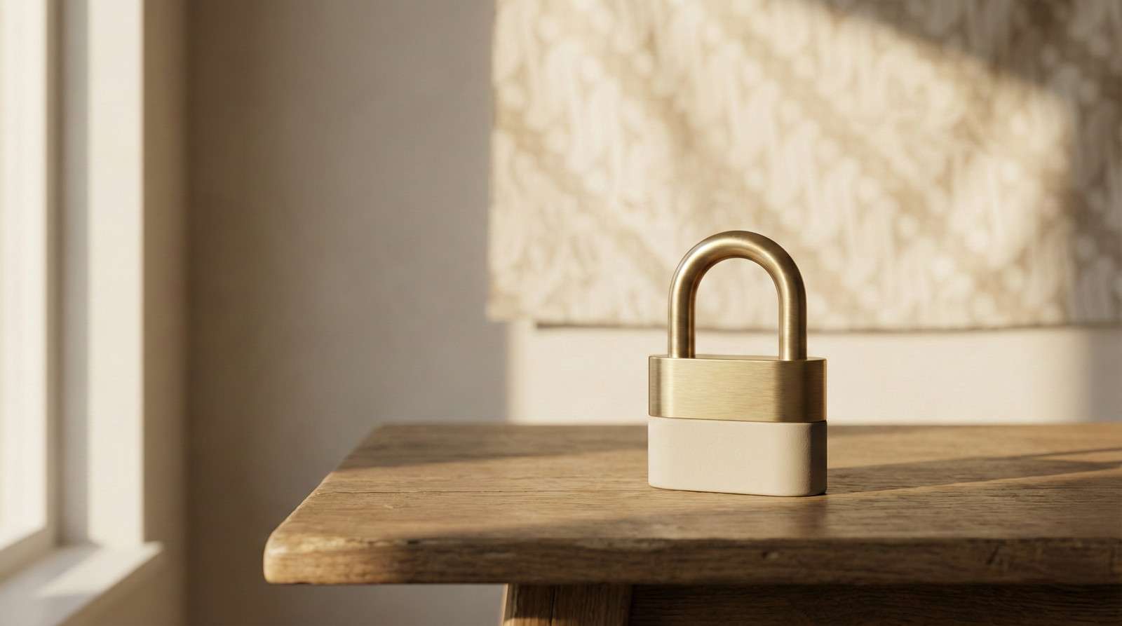 Privacy policy JavaSense: a minimal lock symbol on a calm pavilion desk, representing data trust.