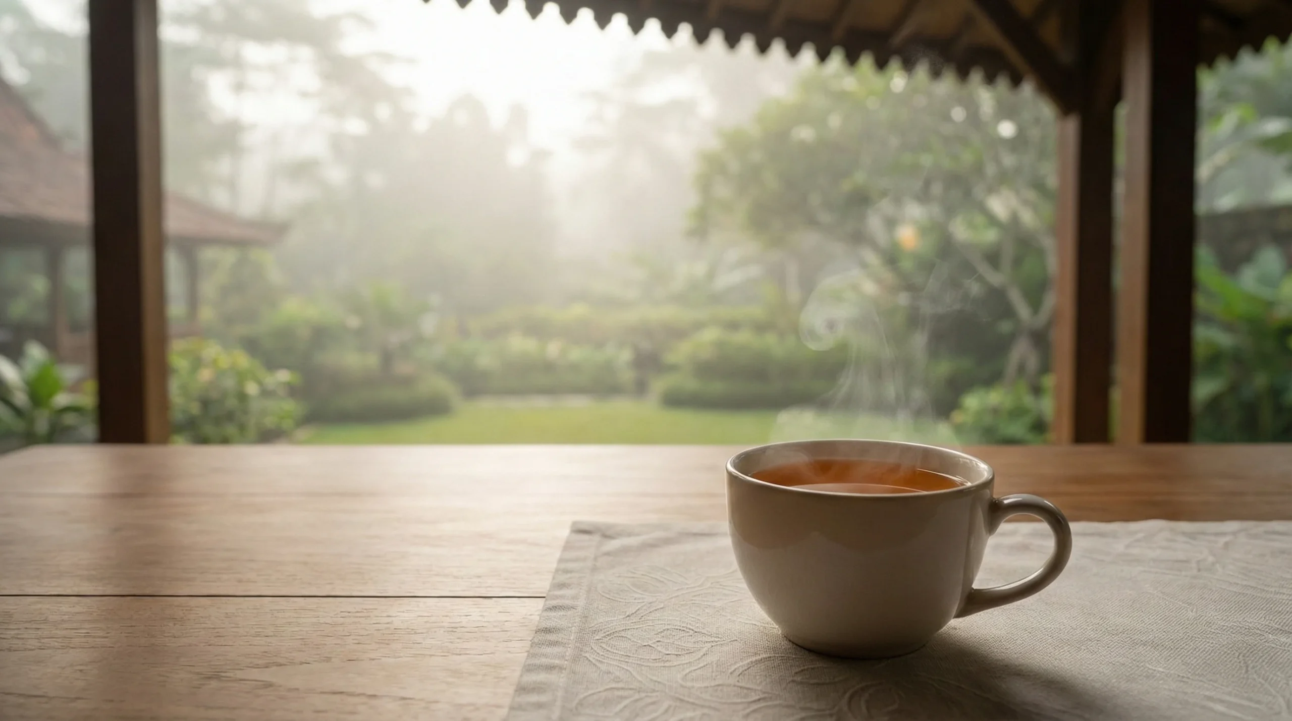 Contact us JavaSense: a calm cup of tea in a digital pavilion, inviting a respectful conversation.