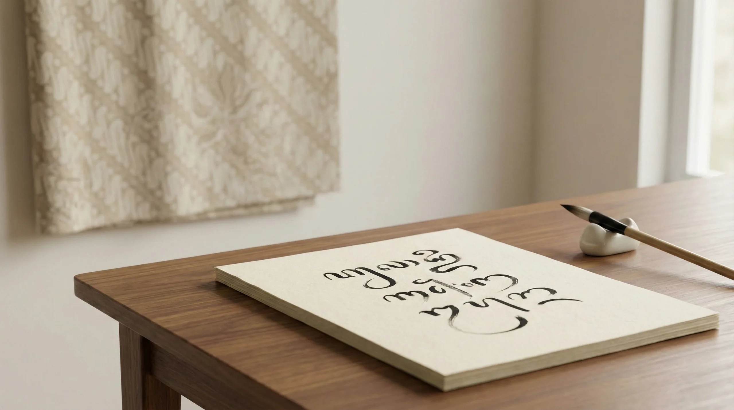 Javanese script writer JavaSense: calm manuscript and abstract Hanacaraka strokes on a premium wooden desk.