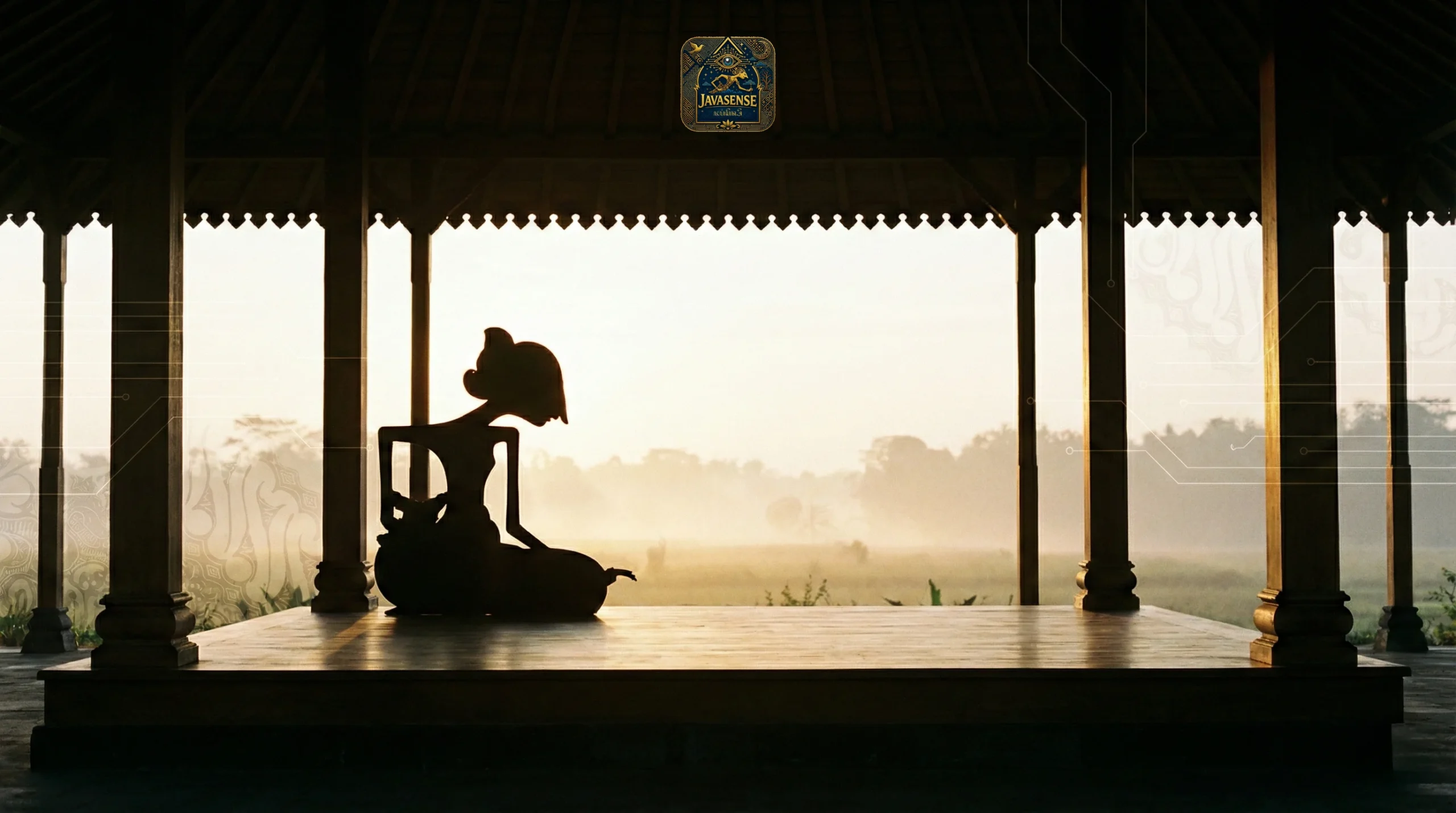 About us JavaSense: a symbolic Ky Tutur figure in a pavilion, looking toward the horizon as a sign of self-discovery.
