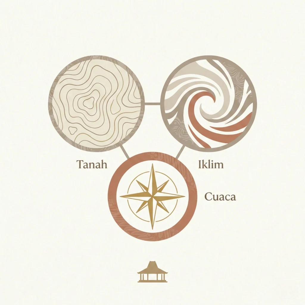 About us JavaSense: a minimal self-map illustration showing Ground, Climate, and Weather as three reflection lenses.