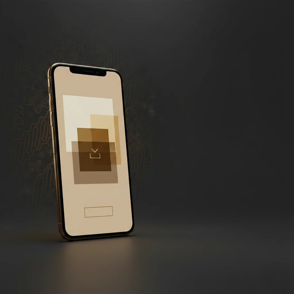 Unduh aplikasi JavaSense: tampilan ponsel premium dengan nuansa pendopo digital yang tenang.