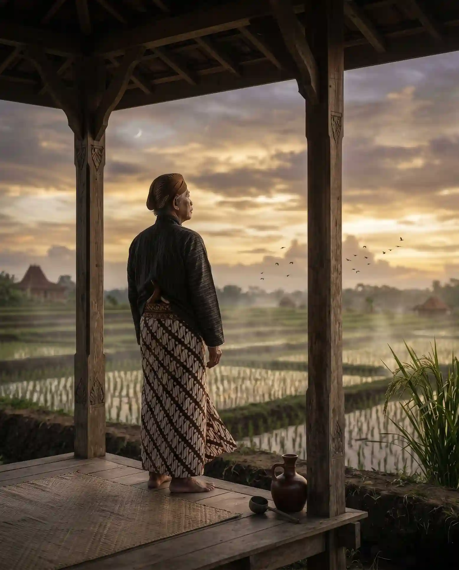 sosok Jawa sedang mengamati alam saat fajar