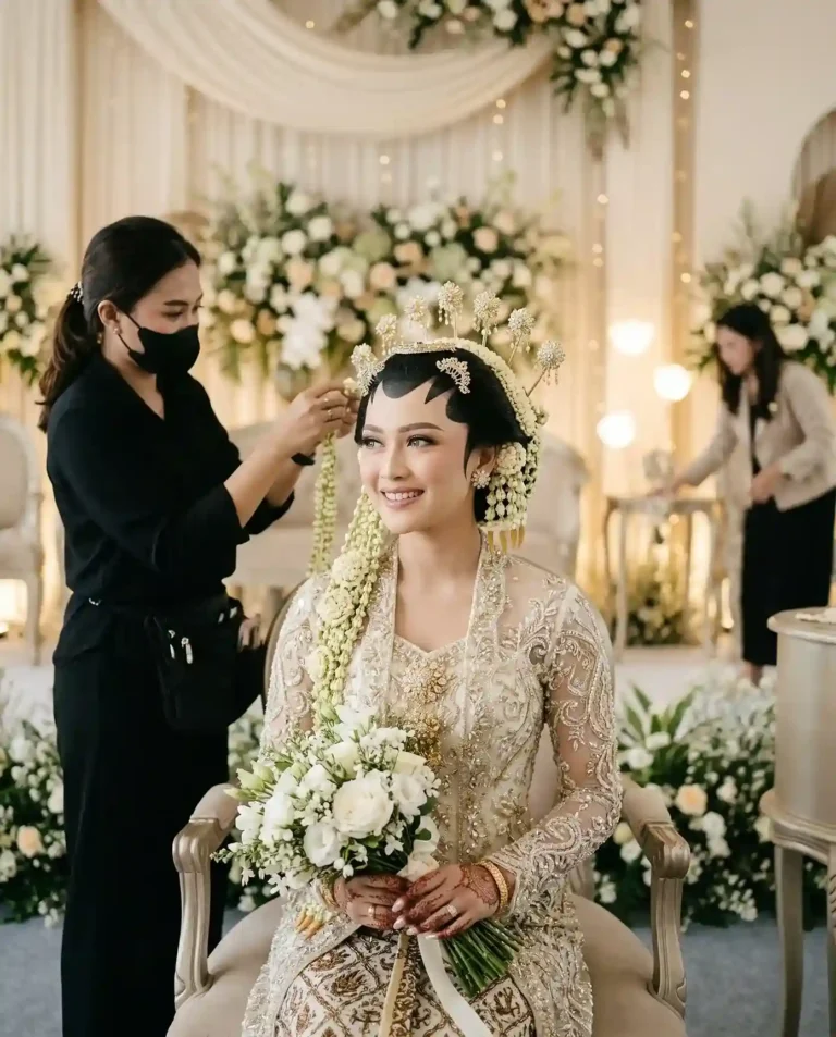 Wedding organizer Purwakarta dengan pengantin dan MUA ala Sunda dalam suasana pernikahan elegan