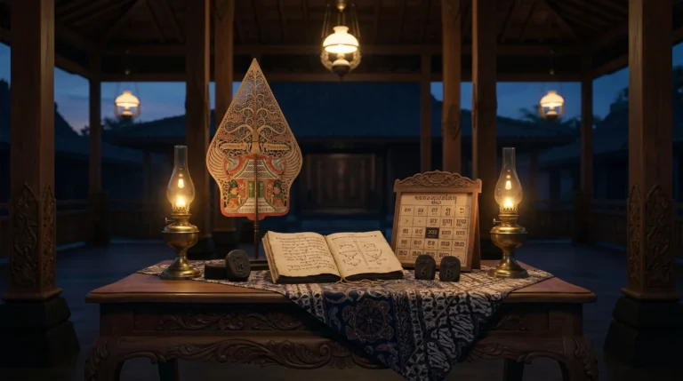 Jumat Kliwon weton Jawa neptu 14 dengan wayang gunungan dan kalender Jawa bernuansa pendopo klasik