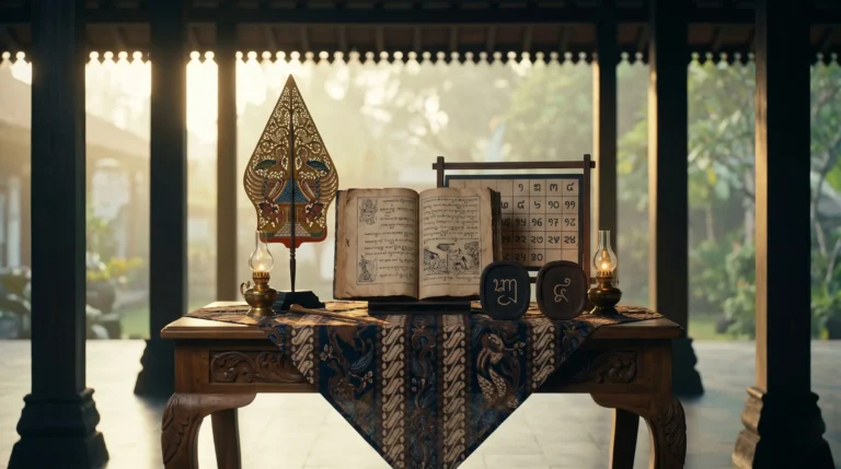 Jumat Legi weton Jawa neptu 11 dengan wayang gunungan dan kalender Jawa bernuansa pendopo klasik