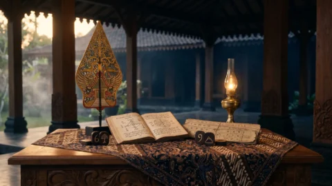 Jumat Pahing weton Jawa neptu 15 dengan wayang gunungan dan kalender Jawa bernuansa pendopo klasik