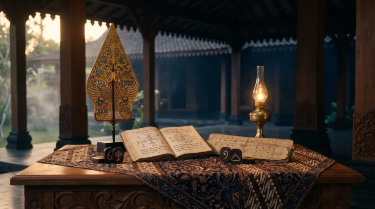 Jumat Pahing weton Jawa neptu 15 dengan wayang gunungan dan kalender Jawa bernuansa pendopo klasik