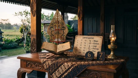 Jumat Pon weton Jawa neptu 13 dengan wayang gunungan dan kalender Jawa bernuansa pendopo klasik