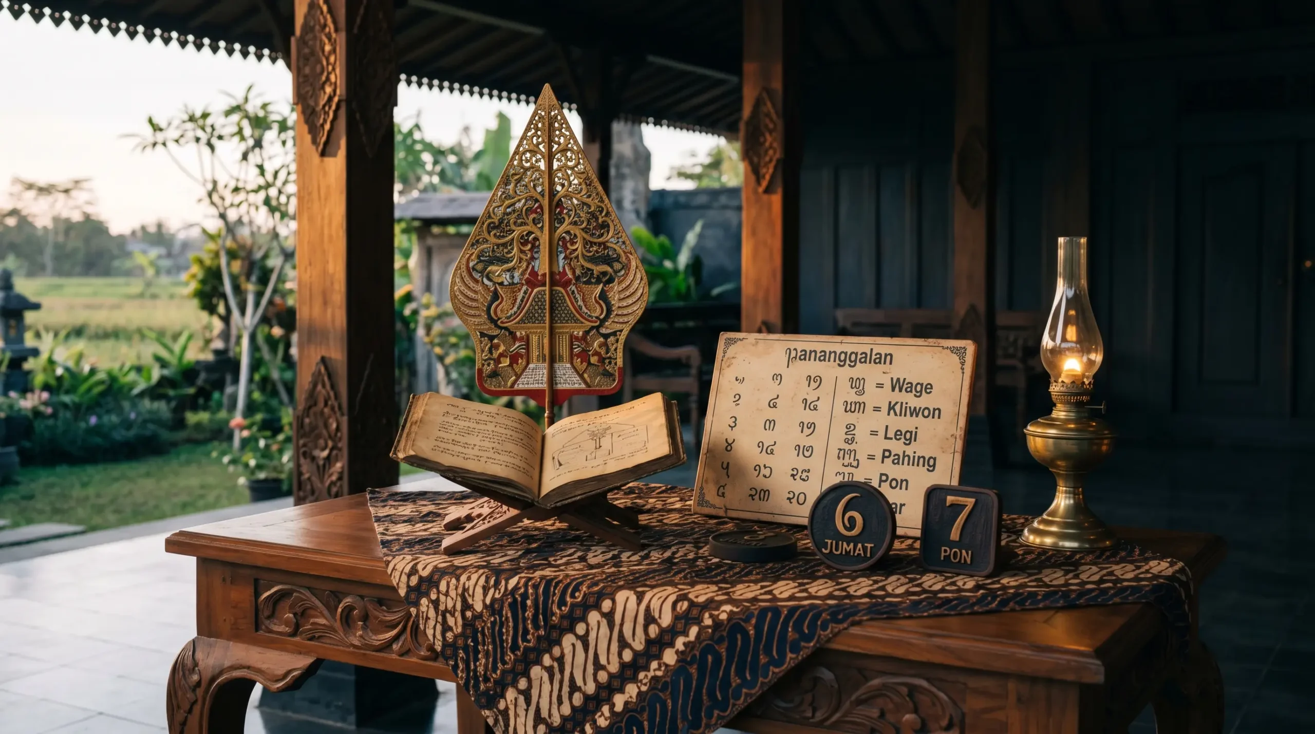Jumat Pon weton Jawa neptu 13 dengan wayang gunungan dan kalender Jawa