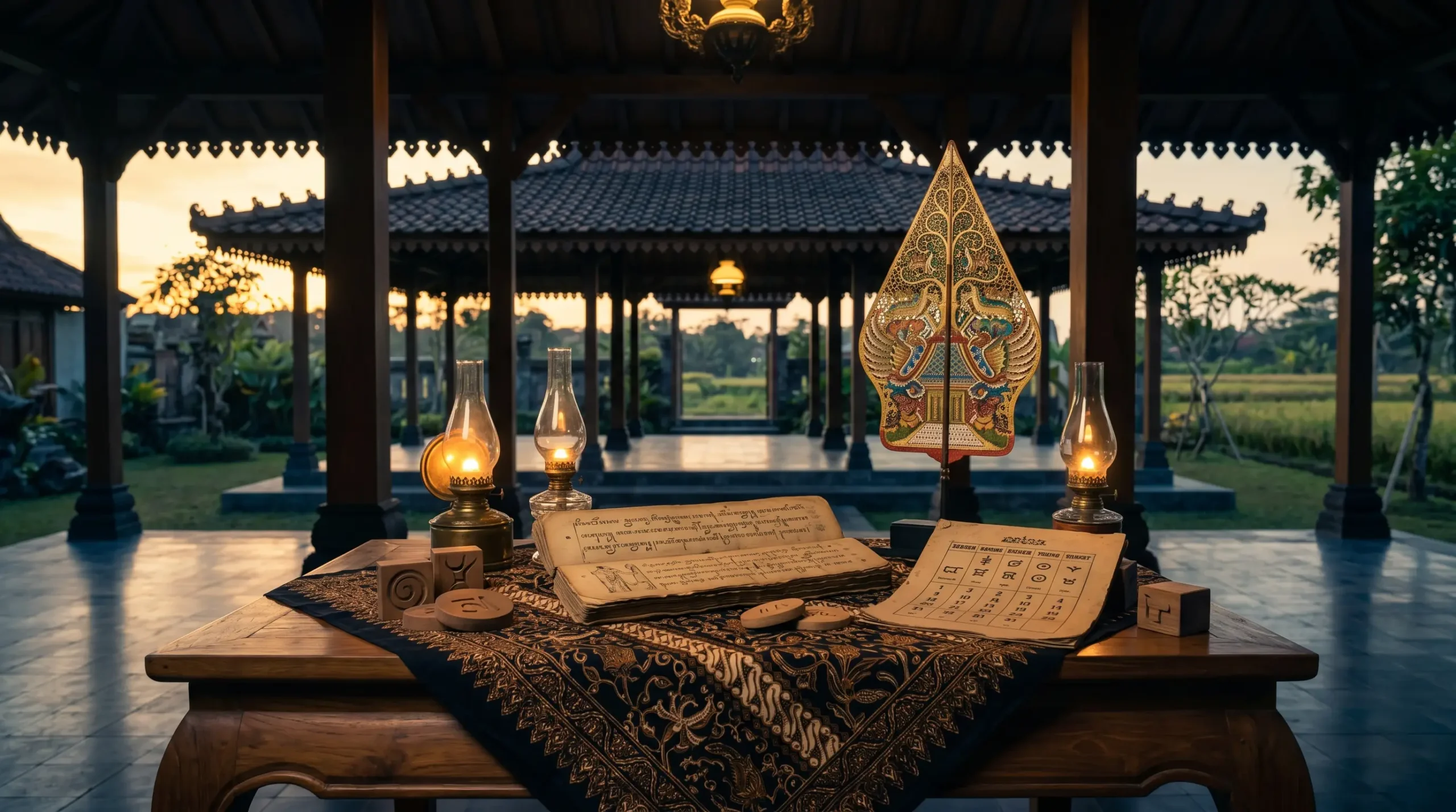 Kamis Pahing weton Jawa neptu 17 dengan wayang gunungan dan kalender Jawa