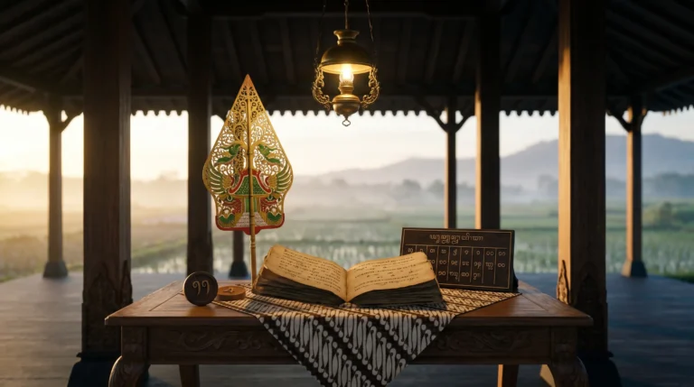 Kamis Wage weton Jawa neptu 12 dengan wayang gunungan dan kalender Jawa bernuansa pendopo klasik