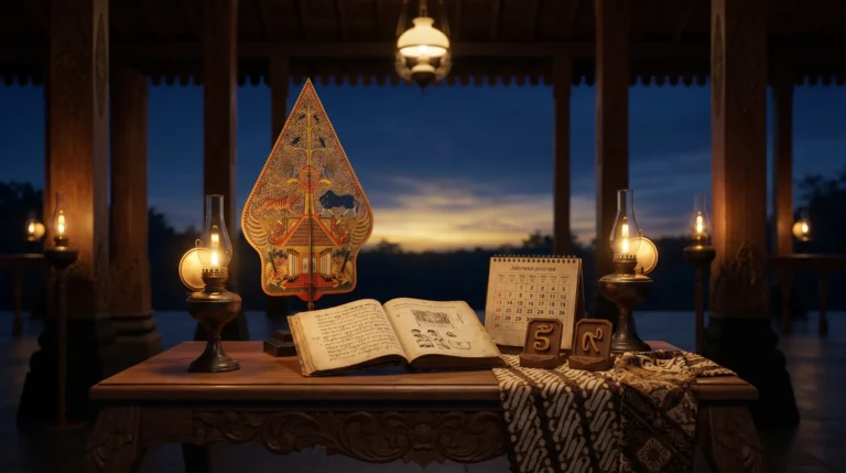 Minggu Kliwon weton Jawa neptu 13 dengan wayang gunungan dan kalender Jawa bernuansa pendopo klasik