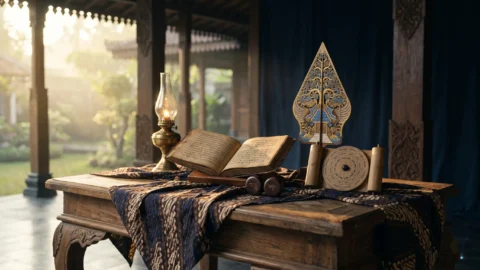 Minggu Legi weton Jawa neptu 10 dengan wayang gunungan dan kalender Jawa bernuansa pendopo klasik