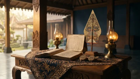 Minggu Pon weton Jawa neptu 12 dengan wayang gunungan dan kalender Jawa bernuansa pendopo klasik