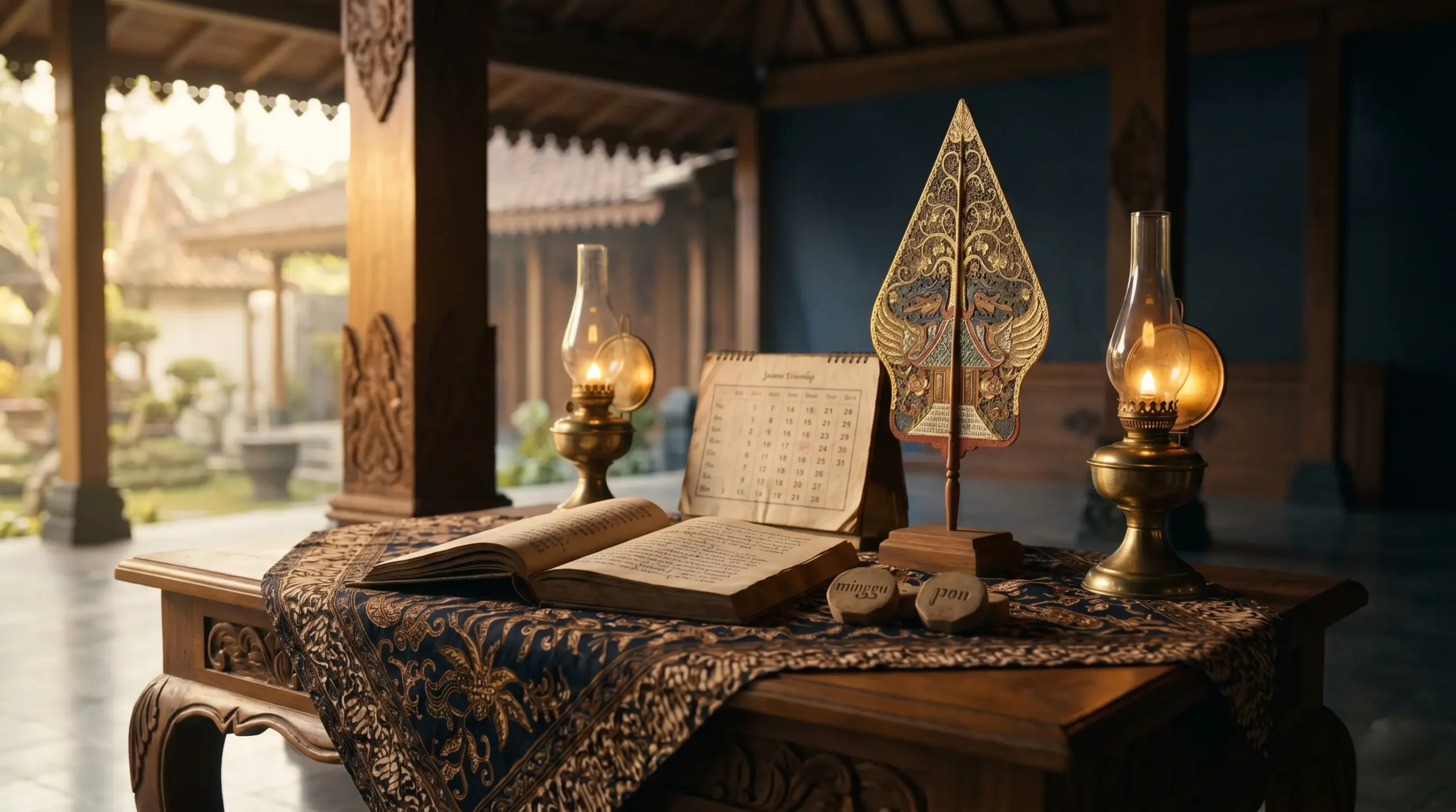 Minggu Pon weton Jawa neptu 12 dengan wayang gunungan dan kalender Jawa
