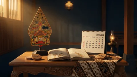 Minggu Wage weton Jawa neptu 9 dengan wayang gunungan dan kalender Jawa bernuansa pendopo klasik