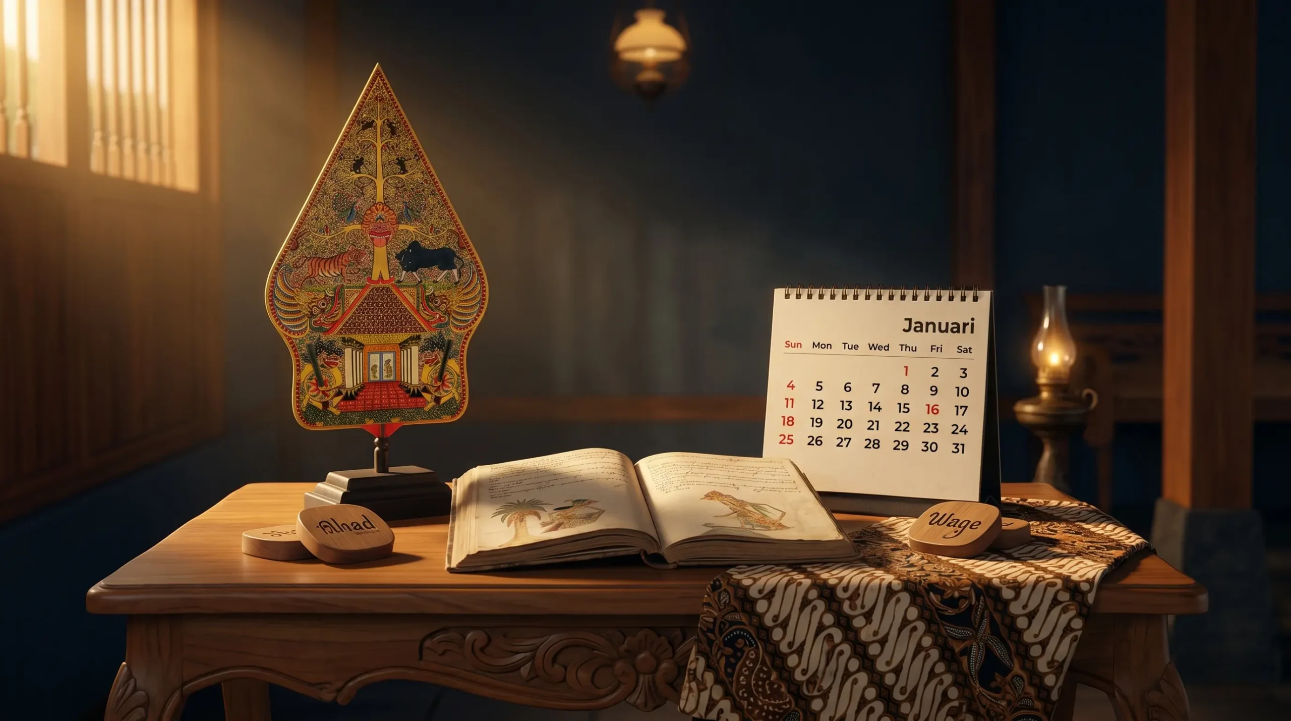 Minggu Wage weton Jawa neptu 9 dengan wayang gunungan dan kalender Jawa