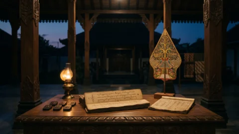 Rabu Kliwon weton Jawa neptu 15 dengan wayang gunungan dan kalender Jawa bernuansa pendopo klasik Alt Text Gambar Kedua: