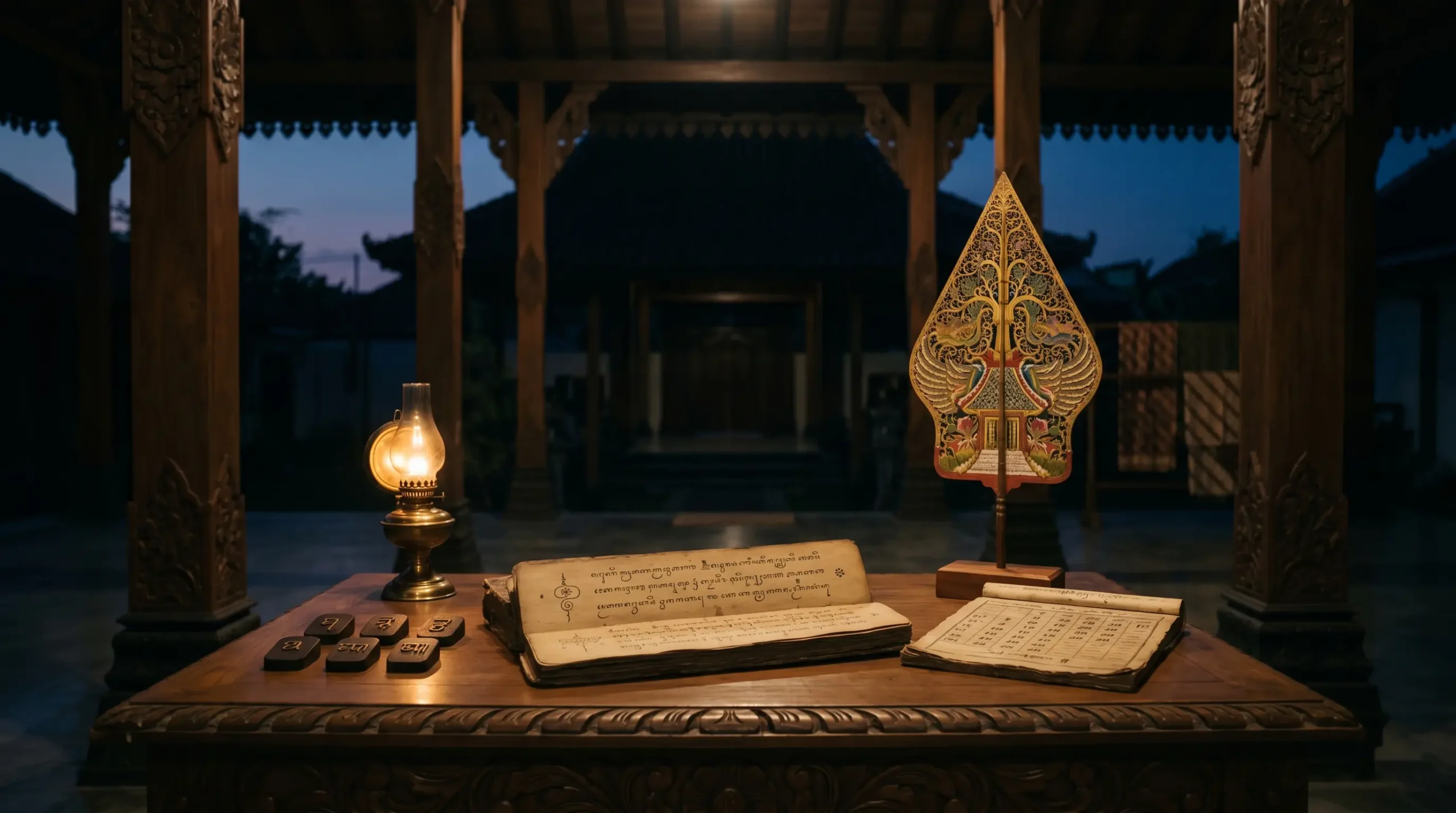 Rabu Kliwon weton Jawa neptu 15 dengan wayang gunungan dan kalender Jawa bernuansa pendopo klasik