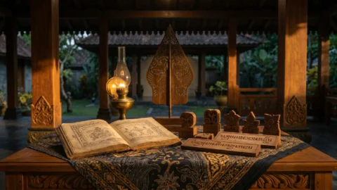 Sabtu Pahing weton Jawa neptu 18 dengan wayang gunungan dan kalender Jawa bernuansa pendopo klasik