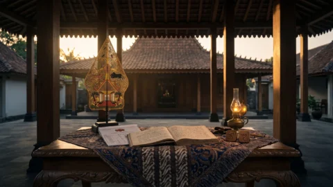 Sabtu Pon weton Jawa neptu 16 dengan wayang gunungan dan kalender Jawa bernuansa pendopo klasik