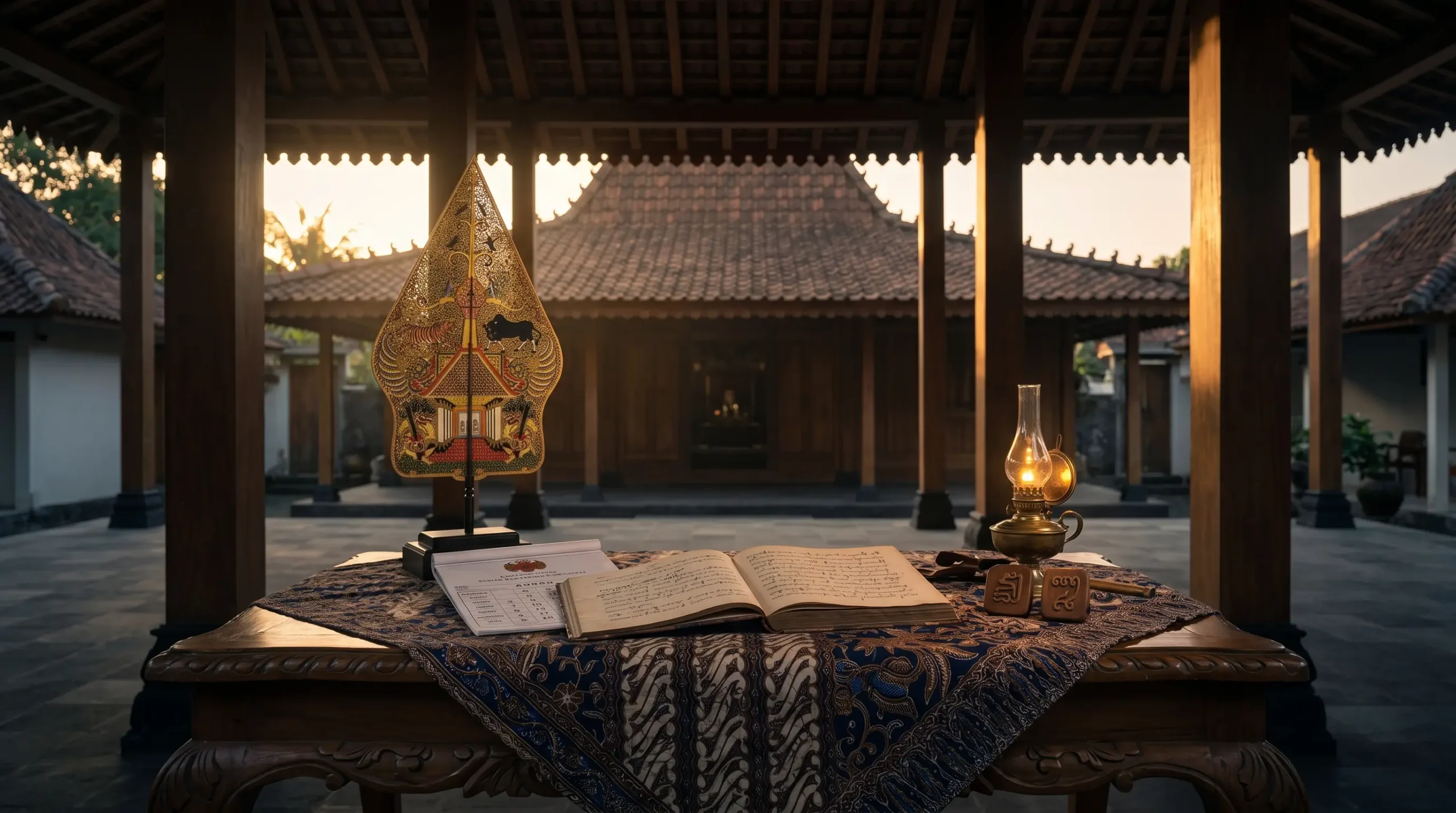 Sabtu Pon weton Jawa neptu 16 dengan wayang gunungan dan kalender Jawa