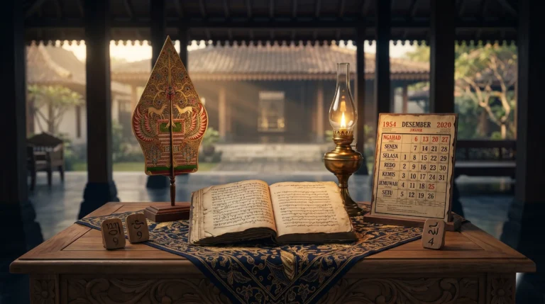 Sabtu Wage weton Jawa neptu 13 dengan wayang gunungan dan kalender Jawa bernuansa pendopo klasik