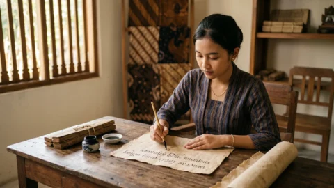 belajar aksara Jawa Hanacaraka di atas kertas tradisional