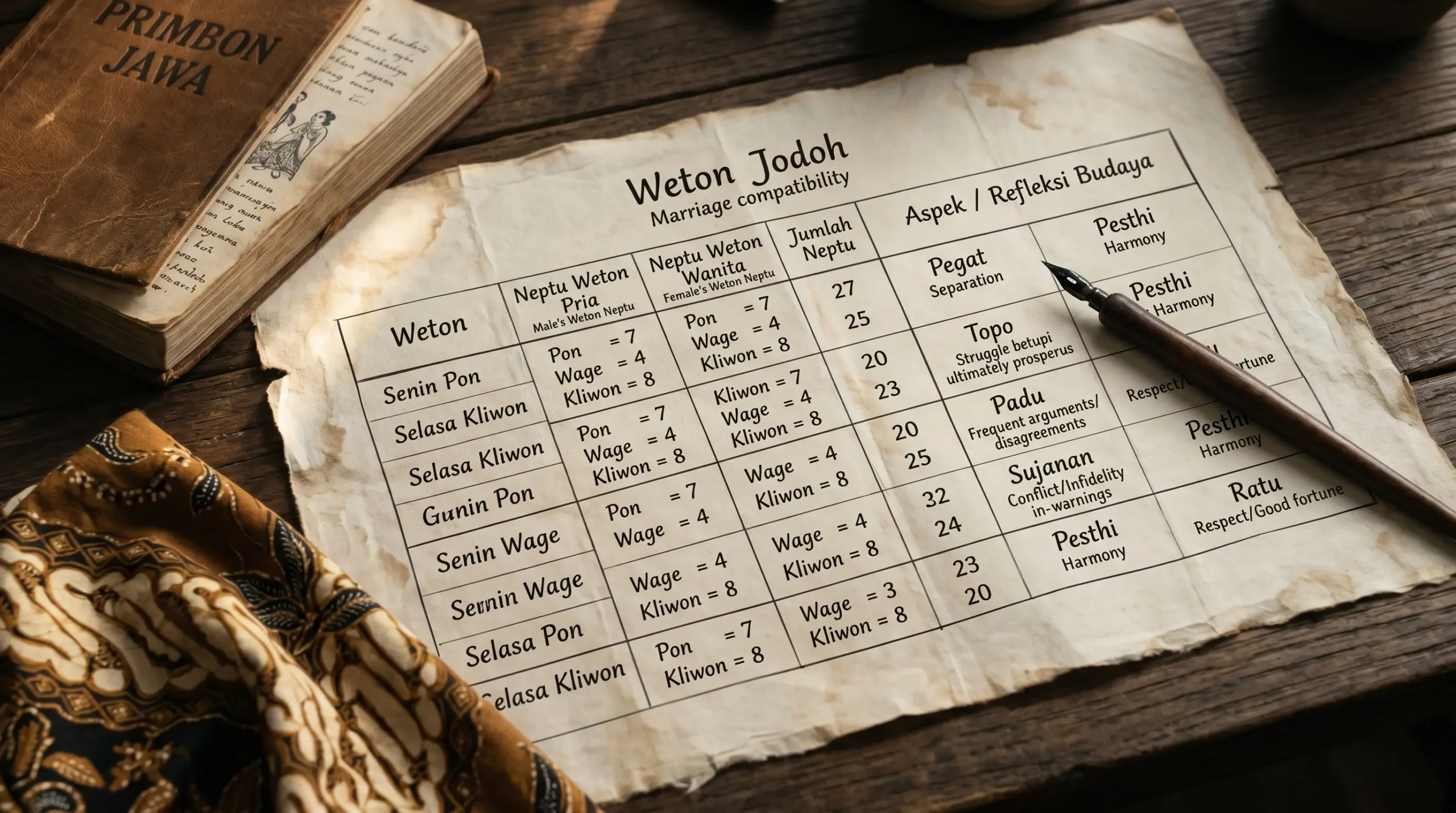 hasil weton yang dianggap tidak cocok seperti Pegat Topo Padu dan Sujanan