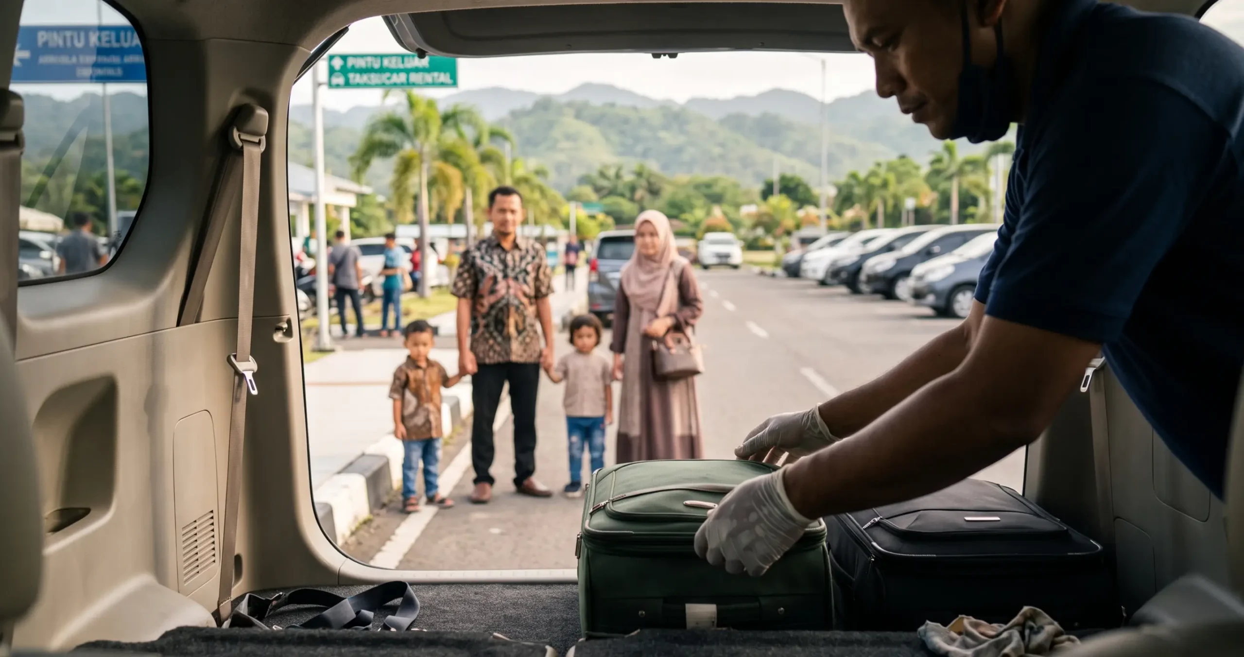 Driver rental mobil Gorontalo membantu menata koper penumpang